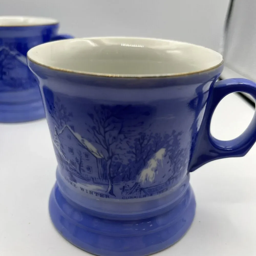 Vintage Currier And Ives Shaving Mugs Blue & White Lot of 4 Different Designs